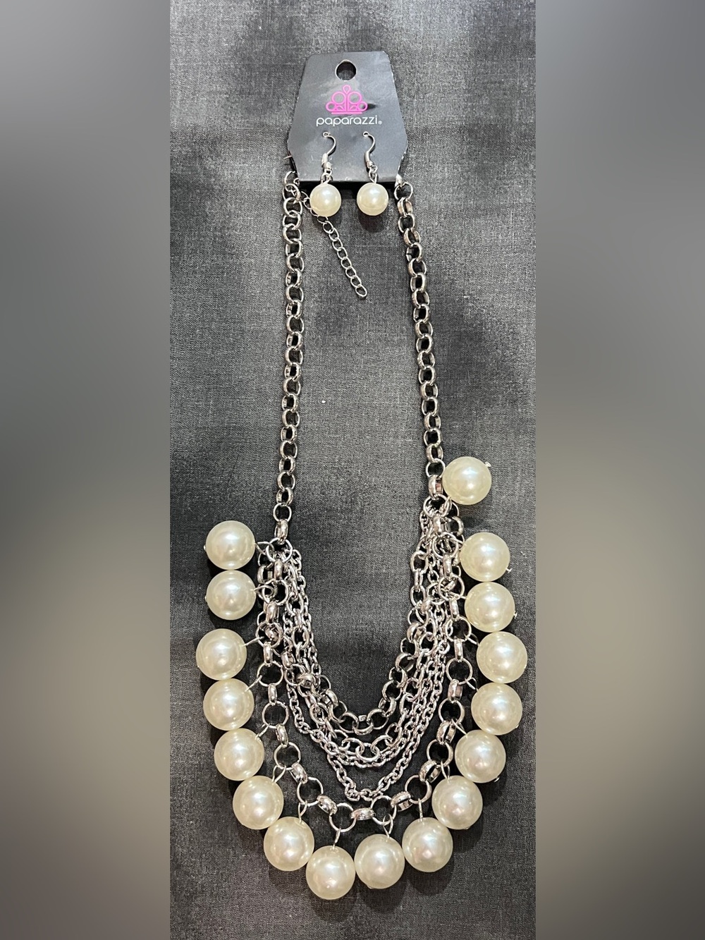 Paparazzi Silver-Tone Layered Chain Necklace with Cream Pearl Drops